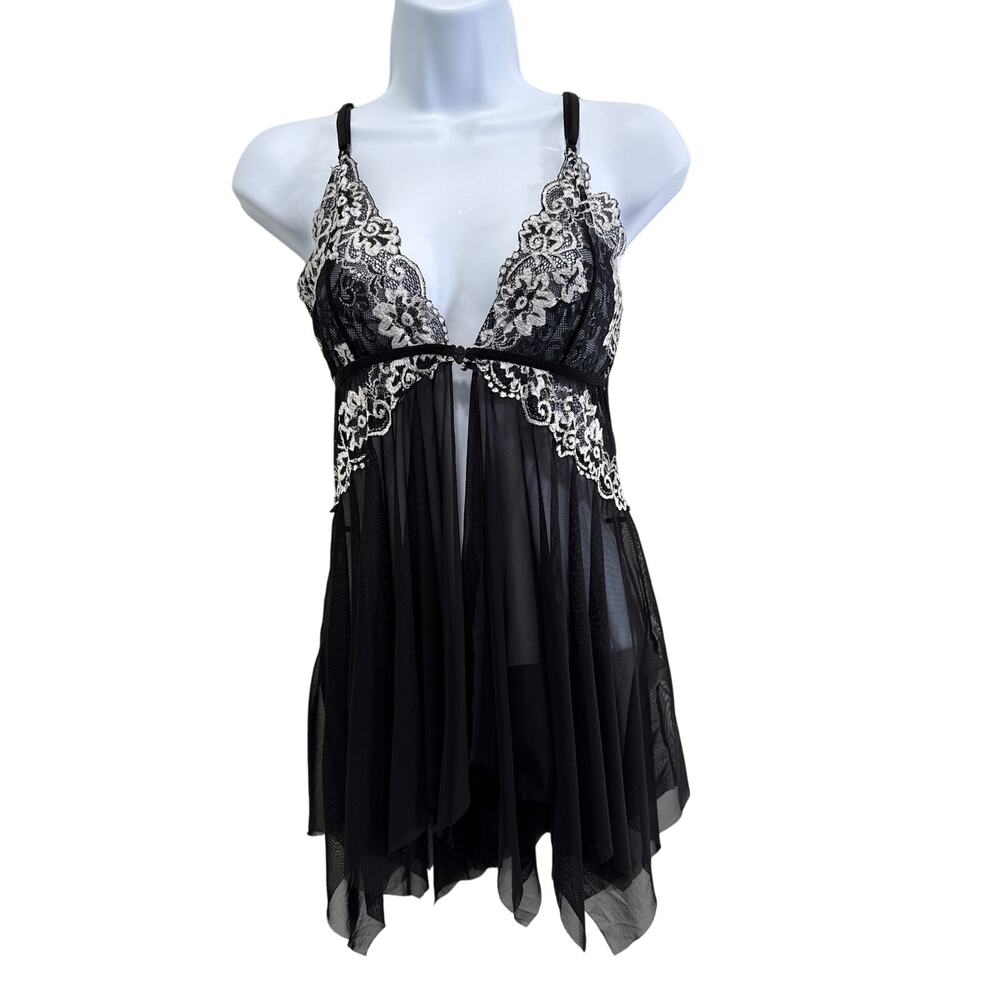 Black Sheer Babydoll Mesh‎ Embroidered Lingerie Top Size M Nightie Lolita Goth